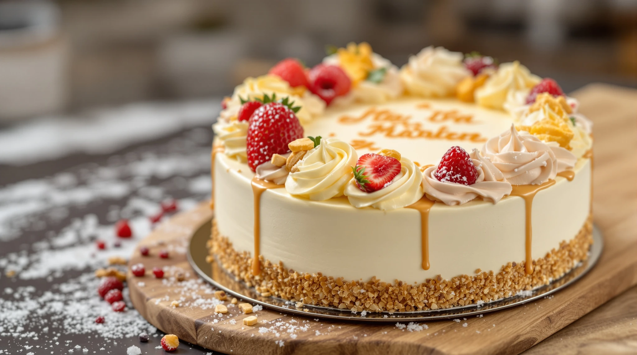Torta personalizzata di produzione propria, ripresa da vicino per valorizzare decorazioni e dettagli di pasticceria.